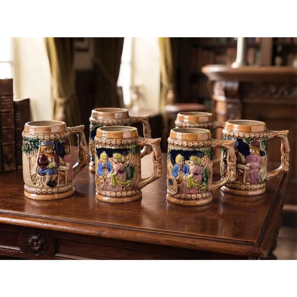 Set of 6 Vintage Ceramic Beer Mugs Steins Figural Tavern Scene Japan